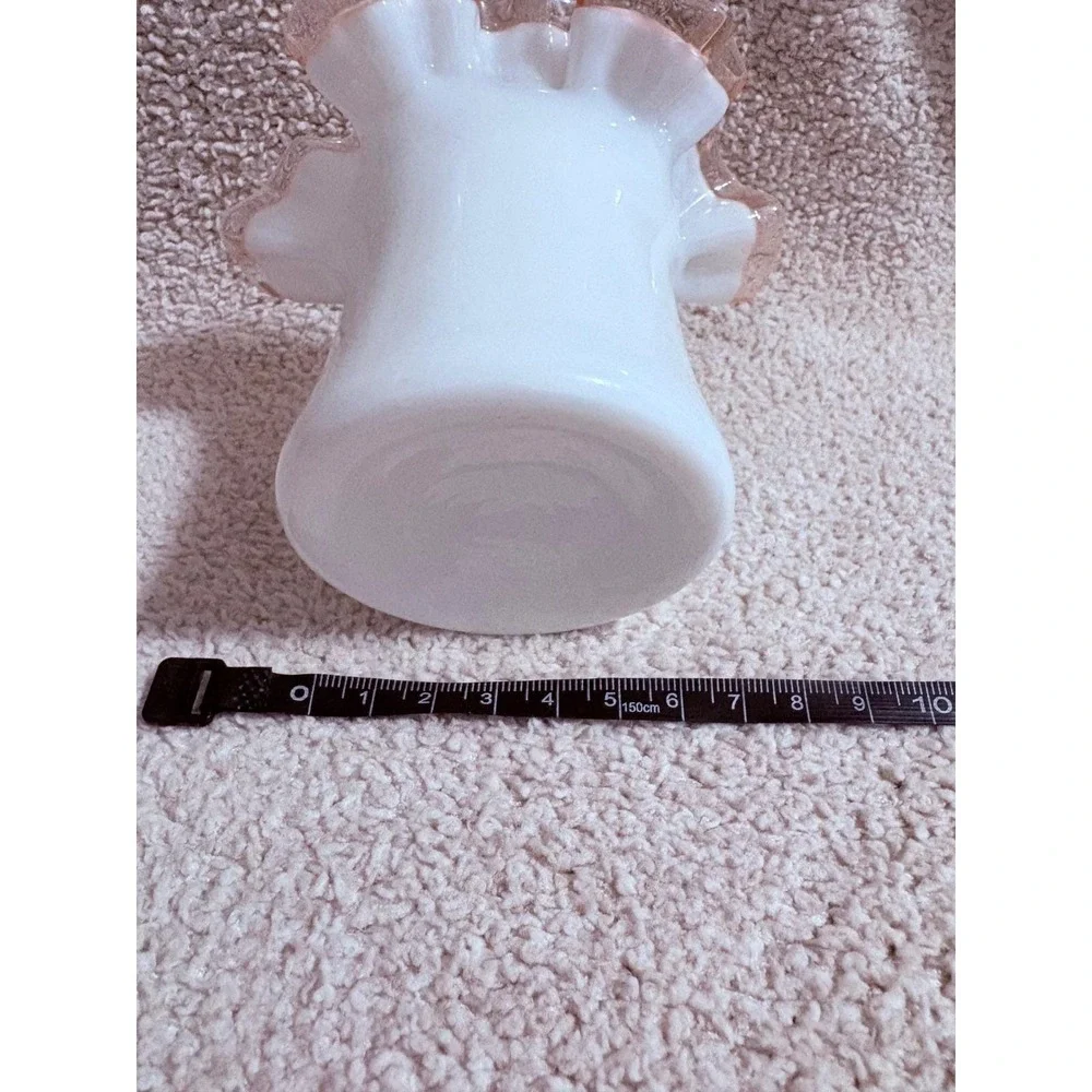 Vintage Milk Glass Rose Crest Top Hat Vase Pink Ruffled Rim Double Crimped White